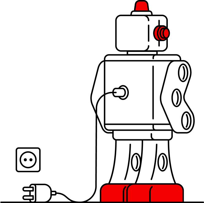 Image of a robot standing unplugged next to a wall socket